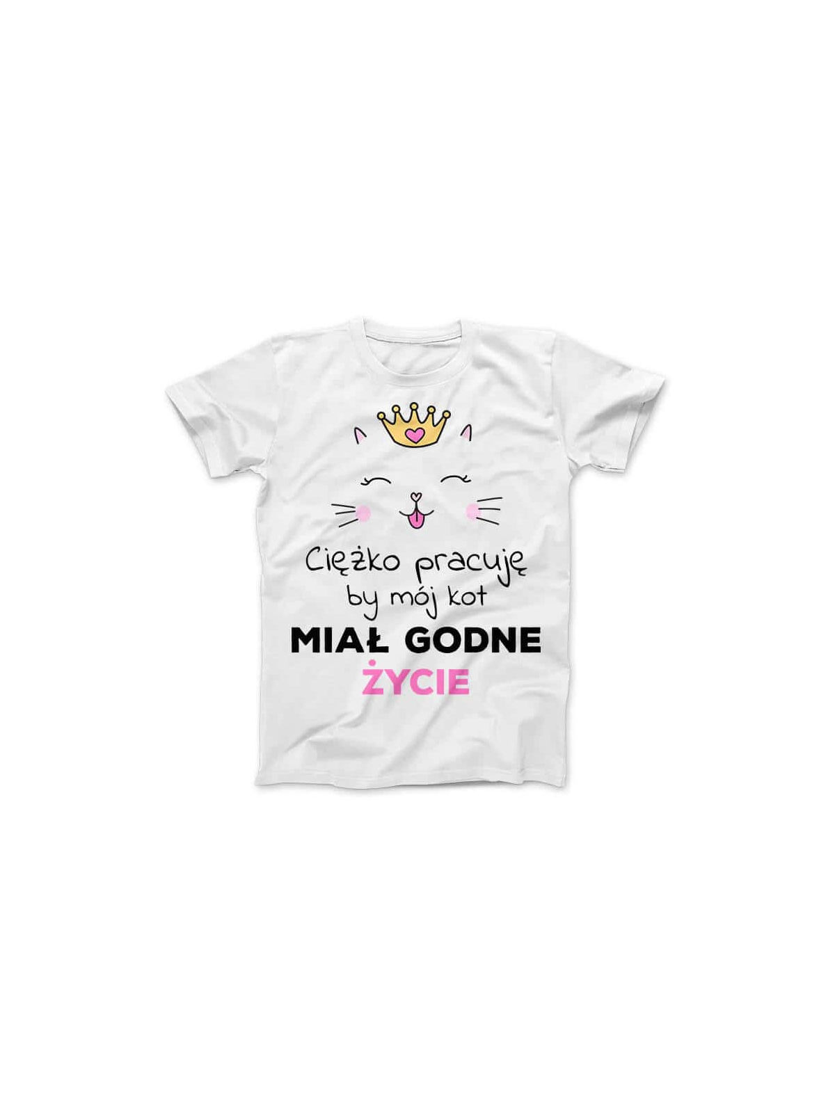 Koszulka Koszulka Damska Ciężko pracuję, by mój kot miał godne życie Biała - Śmieszne T-Shirty z Nadrukami ?