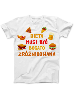 Koszulka Koszulka Damska Dieta musi być Bogato Zróżnicowana Biała - Śmieszne T-Shirty z Nadrukami ?
