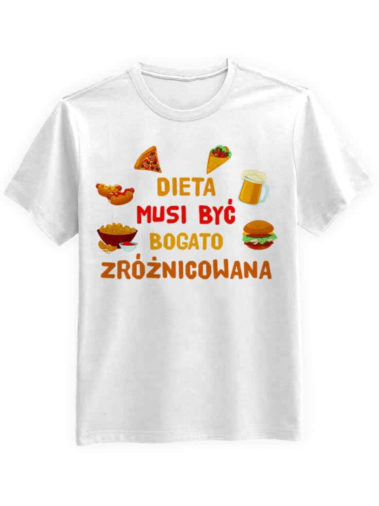 Koszulka Koszulka Męska Dieta musi być Bogato Zróżnicowana Biała - Śmieszne T-Shirty z Nadrukami ?