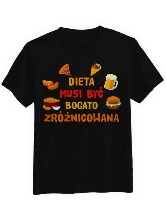 Koszulka Koszulka Męska Dieta musi być Bogato Zróżnicowana Czarna - Śmieszne T-Shirty z Nadrukami ?