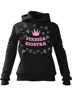 Bluza Damska z kapturem Starsza Siostra Czarna - Modna Odzież z Nadrukami ?