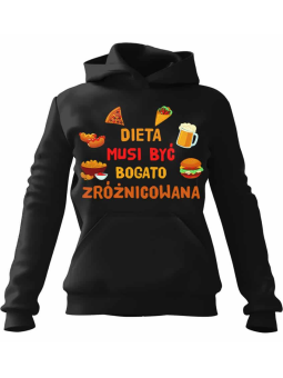 Bluza Damska z kapturem Dieta musi być Bogato Zróżnicowana Czarna - Modna Odzież z Nadrukami ?