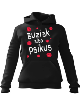 Bluza Damska z kapturem Buziak Albo Psikus Czarna - Modna Odzież z Nadrukami ?