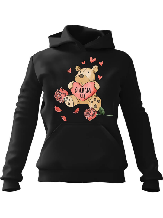 Bluza Damska z kapturem Miś Kocham Cię Czarna - Prezent na Walentynki dla Zakochanych?
