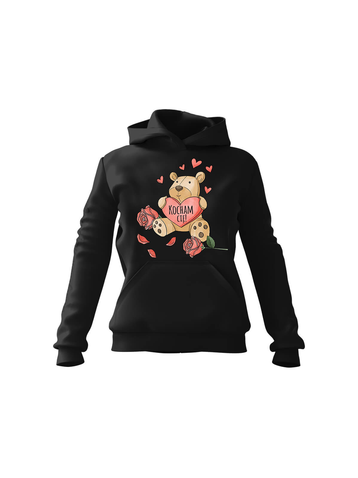 Bluza Damska z kapturem Miś Kocham Cię Czarna - Prezent na Walentynki dla Zakochanych?