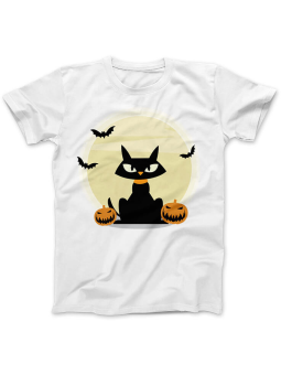 Koszulka Koszulka Damska Czarny Kot Halloween Biała - Śmieszne T-Shirty z Nadrukami ?