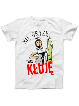 Koszulka Koszulka Damska Nie gryzę, kłuję Biała - Śmieszne T-Shirty z Nadrukami ?