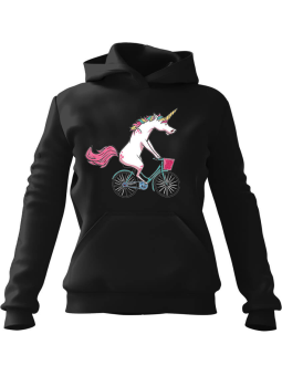 Bluza Damska z kapturem Jednorożec na rowerze Czarna - Modna Odzież z Nadrukami ?