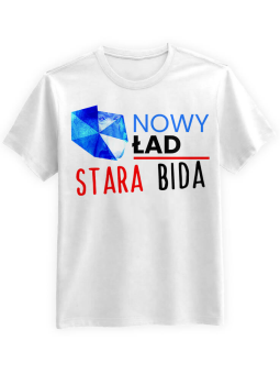 Koszulka Koszulka Męska Nowy Ład Stara Bida Biała - Śmieszne T-Shirty z Nadrukami ?