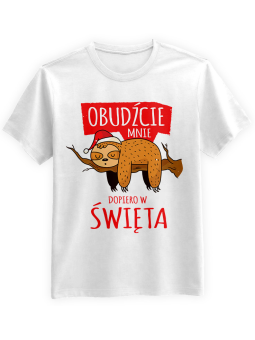 Koszulka Koszulka Męska Obudźcie mnie w święta Biała - Śmieszne T-Shirty z Nadrukami ?