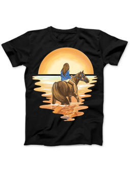 Koszulka Koszulka Damska Dziewczyna Na Koniu Czarna - Konie Zwierzęta Słońce