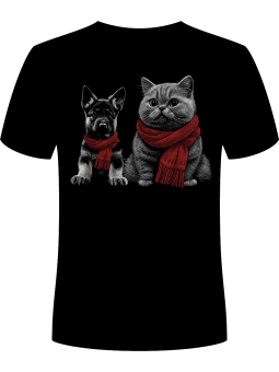 Koszulka Koszulka Męska Pies i Kot w Szaliku Czarna - Śmieszne T-Shirty z Nadrukami ?