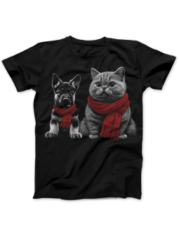 Koszulka Koszulka Damska Pies i Kot w Szaliku Czarna - Śmieszne T-Shirty z Nadrukami ?