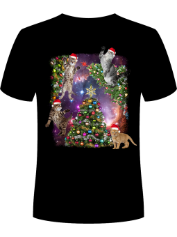 Koszulka Koszulka Męska Latające Świąteczne Koty i Choinka Czarna - Śmieszne T-Shirty z Nadrukami ?