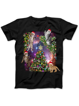 Koszulka Koszulka Damska Latające Świąteczne Koty i Choinka Czarna - Śmieszne T-Shirty z Nadrukami ?