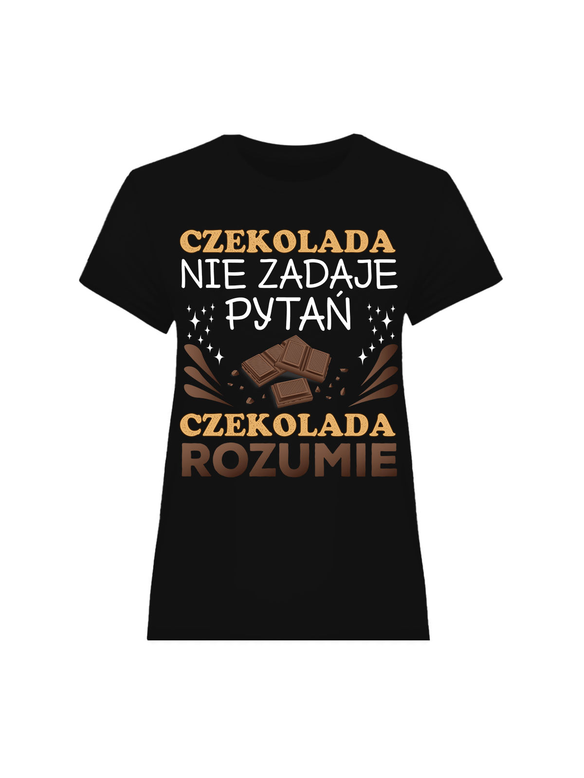 Koszulka Koszulka Damska Czekolada nie zadaje pytań Czarna - Śmieszne T-Shirty z Nadrukami ?