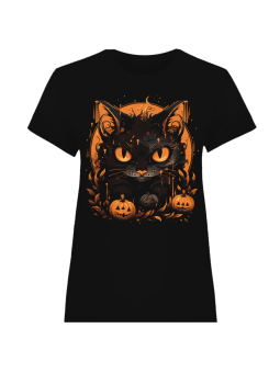 Koszulka Koszulka Damska Halloween Groźny Kot Czarna - Śmieszne T-Shirty z Nadrukami ?