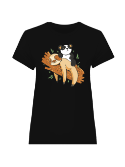 Koszulka Koszulka Damska Panda Siedząca Na Leniwcu Czarna - Śmieszne T-Shirty z Nadrukami ?