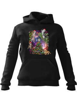 Bluza Męska z kapturem Latające Świąteczne Koty i Choinka Czarna - Śmieszne gadżety z Nadrukami ?