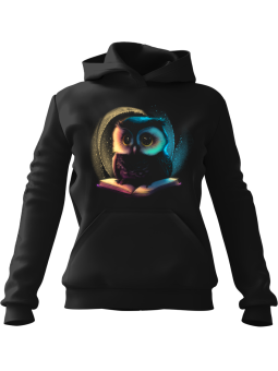 Bluza Damska z kapturem Słodka Sowa z Książką Czarna - Modna Odzież z Nadrukami ?