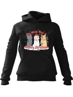 Bluza Damska z kapturem Meowy Christmas Czarna - Modna Odzież z Nadrukami ?