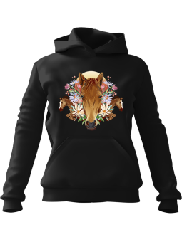 Bluza Damska z kapturem Floral Horses Czarna - Modna Odzież z Nadrukami ?