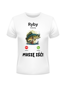 Koszulka Koszulka Męska Ryby Dzwonią Muszę Iść Biała - Śmieszne T-Shirty z Nadrukami ?