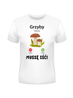 Koszulka Koszulka Męska Grzyby Dzwonią Muszę Iść Biała - Śmieszne T-Shirty z Nadrukami ?