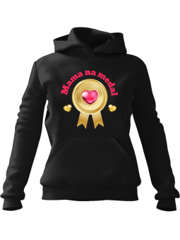 Bluza Damska z kapturem Mama na Medal Czarna - Modna Odzież z Nadrukami ?