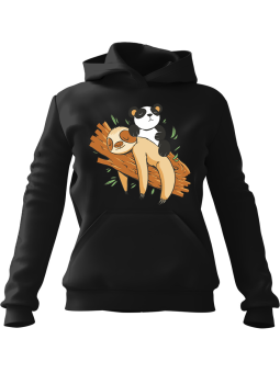 Bluza Damska z kapturem Panda Siedząca na Leniwcu Czarna - Modna Odzież z Nadrukami ?