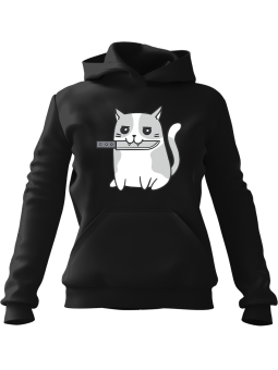 Bluza Damska z kapturem Kot z Nożem Czarna - Modna Odzież z Nadrukami ?