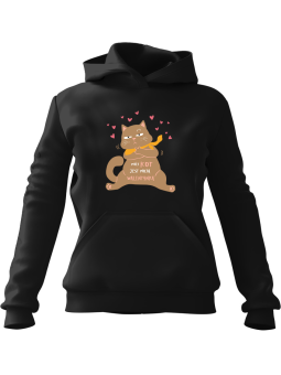 Bluza Damska z kapturem Mój Kot Jest Moją Walentynką Czarna - Modna Odzież z Nadrukami ?