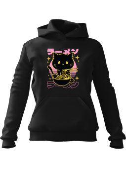 Bluza Męska z kapturem Anime Ramen Kot Czarna - Śmieszne gadżety z Nadrukami ?