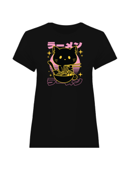 Koszulka Koszulka Damska Anime Ramen Kot Czarna - Śmieszne T-Shirty z Nadrukami ?