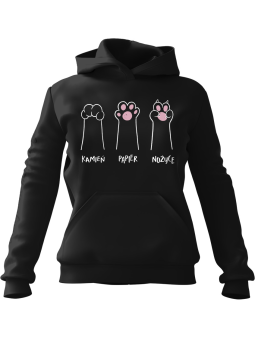 Bluza Damska z kapturem Kot Kamień Papier Nożyce Czarna - Modna Odzież z Nadrukami ?