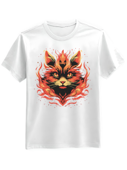 Koszulka Koszulka Męska Kot w Płomieniach Biała - Śmieszne T-Shirty z Nadrukami ?