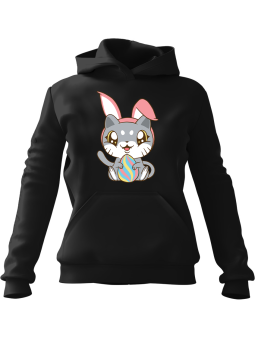 Bluza Damska z kapturem Kot Zając Czarna - Modna Odzież z Nadrukami ?