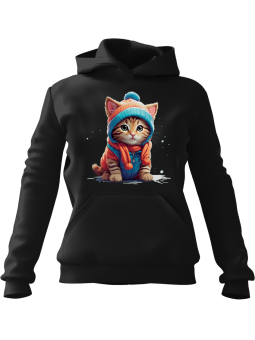 Bluza Damska z kapturem Kot w Ubraniach Czarna - Modna Odzież z Nadrukami ?