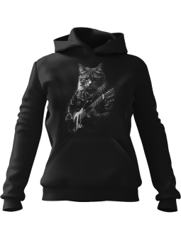 Bluza Damska z kapturem Kot z Gitarą Elektryczną Czarna - Modna Odzież z Nadrukami ?