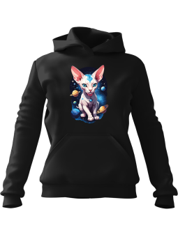 Bluza Damska z kapturem Kot Sphynx w Kosmosie Czarna - Modna Odzież z Nadrukami ?