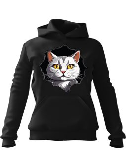 Bluza Damska z kapturem Biały Kot w Dziurze Czarna - Modna Odzież z Nadrukami ?