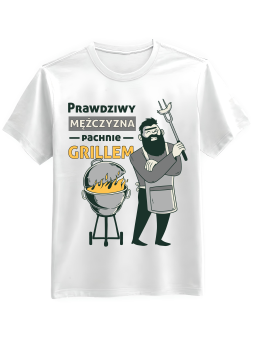 Koszulka Koszulka Męska Prawdziwy Mężczyzna Pachnie Grillem Biała - Grill 100% Bawełna