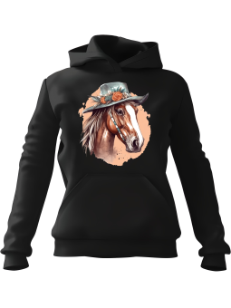 Bluza Damska z kapturem Koń w Kapeluszu Czarna - Modna Odzież z Nadrukami ?