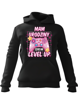 Bluza Damska z kapturem Czas Na Level Up Czarna - Modna Odzież z Nadrukami ?