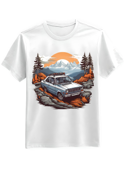 Koszulka Koszulka Męska Samochód w Górach Biała - Śmieszne T-Shirty z Nadrukami ?