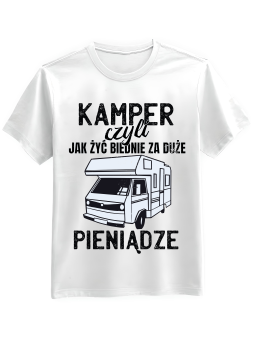 Koszulka Koszulka Męska Kamper Jak Żyć Biednie Biała - Śmieszne T-Shirty z Nadrukami ?