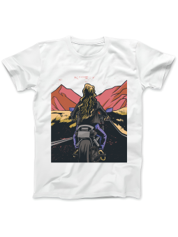 Koszulka Koszulka Damska Dziewczyna Na Motocyklu Biała - Śmieszne T-Shirty z Nadrukami ?