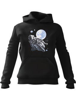 Bluza Damska z kapturem Motocyklista w Kosmosie Czarna - Modna Odzież z Nadrukami ?