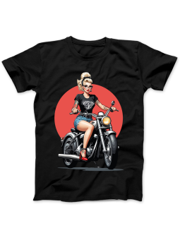 Koszulka Koszulka Damska Pin Up Girl Na Motocyklu Czarna - Śmieszne T-Shirty z Nadrukami ?