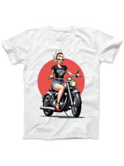 Koszulka Koszulka Damska Pin Up Girl Na Motocyklu Biała - Śmieszne T-Shirty z Nadrukami ?